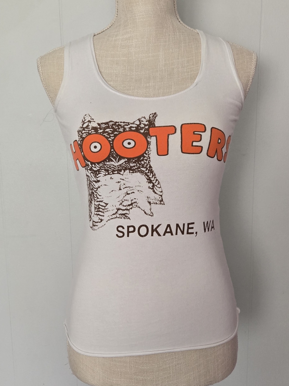 Hooters Spokane WA White Tank Top with Orange Logo